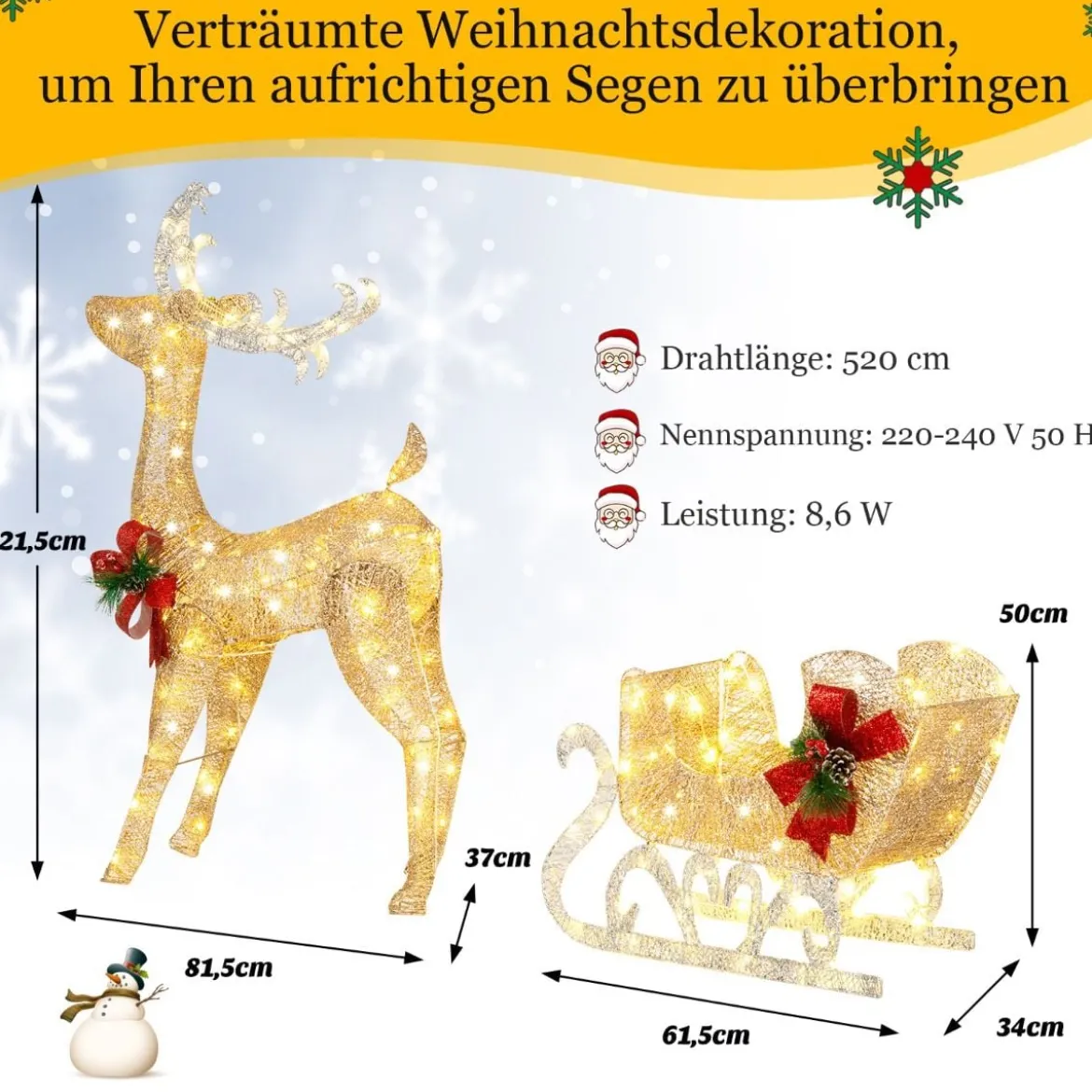 Beleuchtetes Weihnachts-Rentier mit Schlitten Vorbeleuchtete Weihnachtsdekoration 81,5 x 37 x 121,5 cm Golden