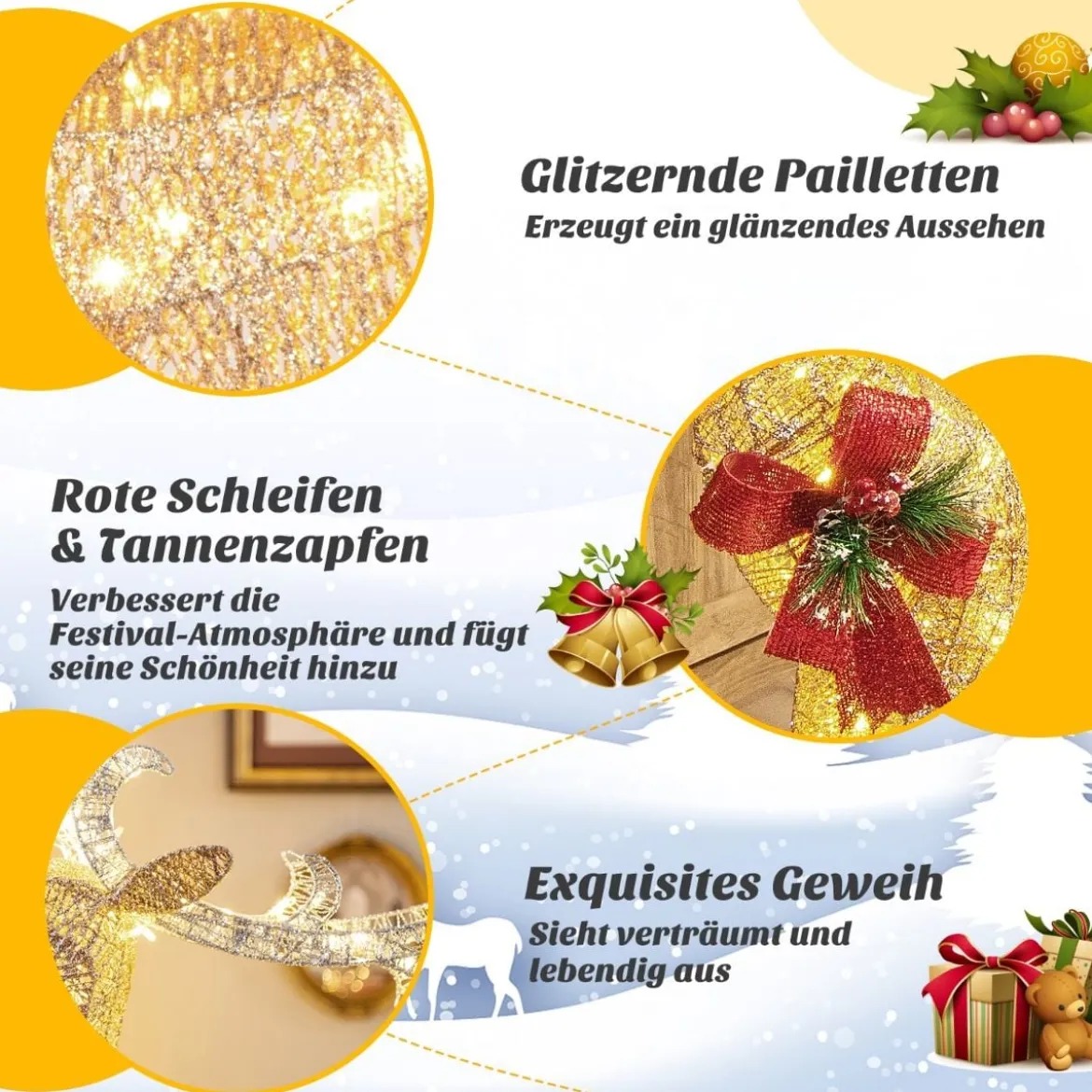 Beleuchtetes Weihnachts-Rentier mit Schlitten Vorbeleuchtete Weihnachtsdekoration 81,5 x 37 x 121,5 cm Golden