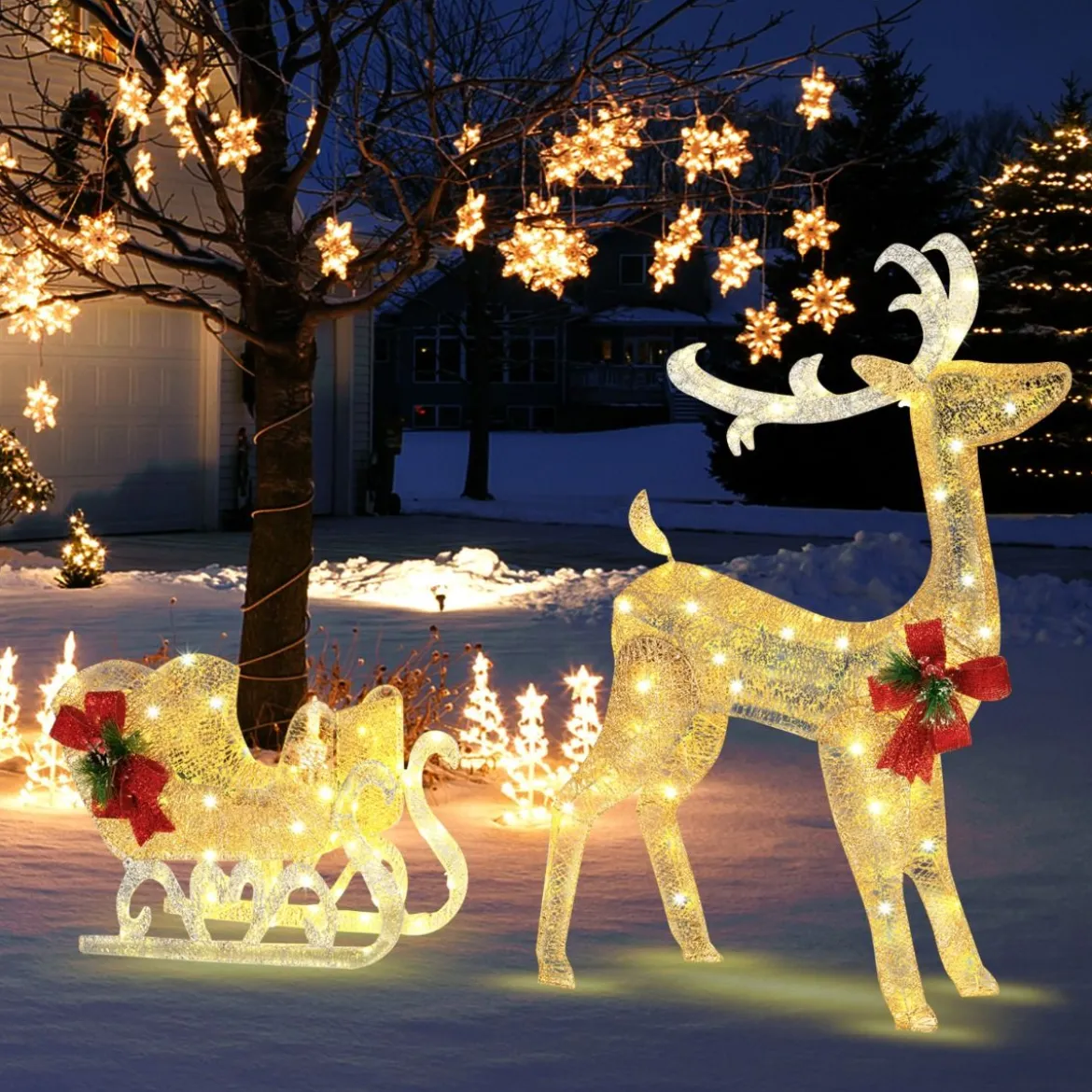 Beleuchtetes Weihnachts-Rentier mit Schlitten Vorbeleuchtete Weihnachtsdekoration 81,5 x 37 x 121,5 cm Golden