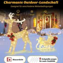 Beleuchtetes Weihnachts-Rentier mit Schlitten Vorbeleuchtete Weihnachtsdekoration 81,5 x 37 x 121,5 cm Golden