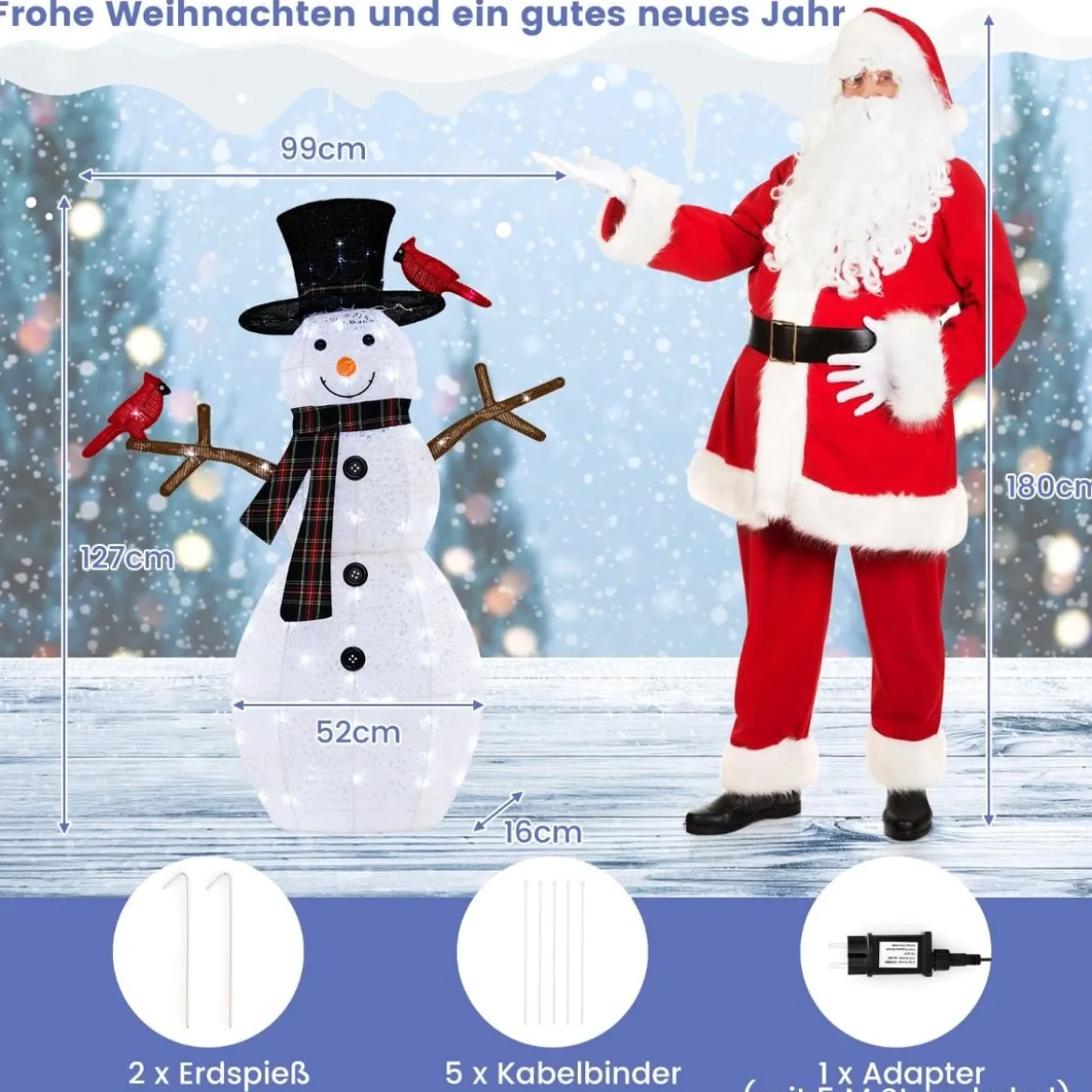 Beleuchtete Weihnachtsdekoration Schneemann mit roten Vögeln 99 x 16 x 127 cm Weiß