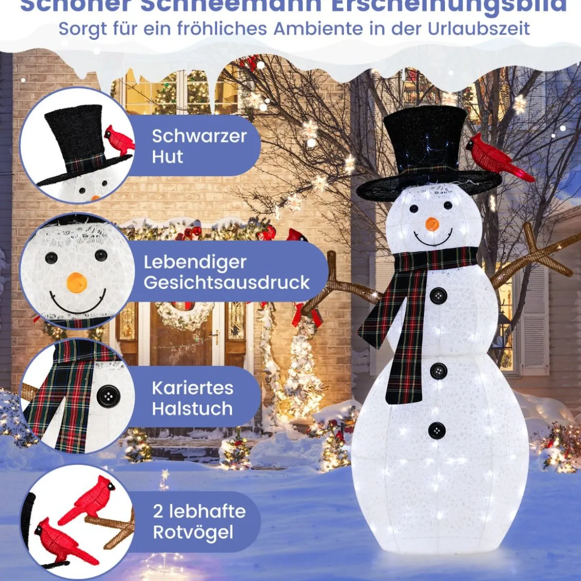 Beleuchtete Weihnachtsdekoration Schneemann mit roten Vögeln 99 x 16 x 127 cm Weiß