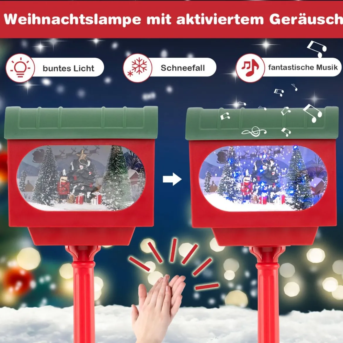 Beleuchtete Weihnachtsstraßenlampe 150cm rote Weihnachtslaterne mit Musik