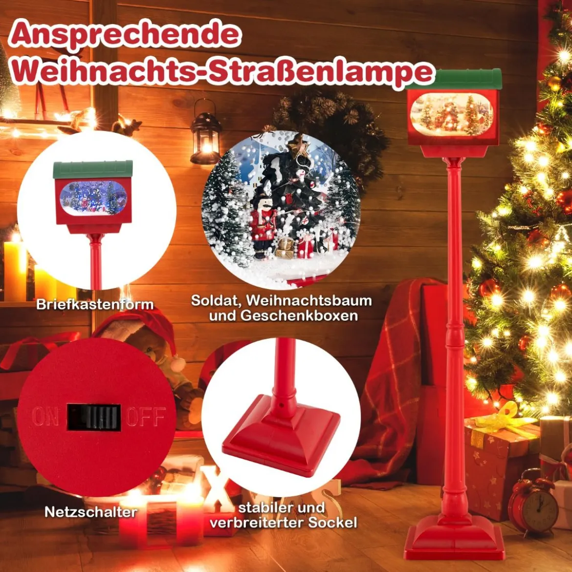 Beleuchtete Weihnachtsstraßenlampe 150cm rote Weihnachtslaterne mit Musik
