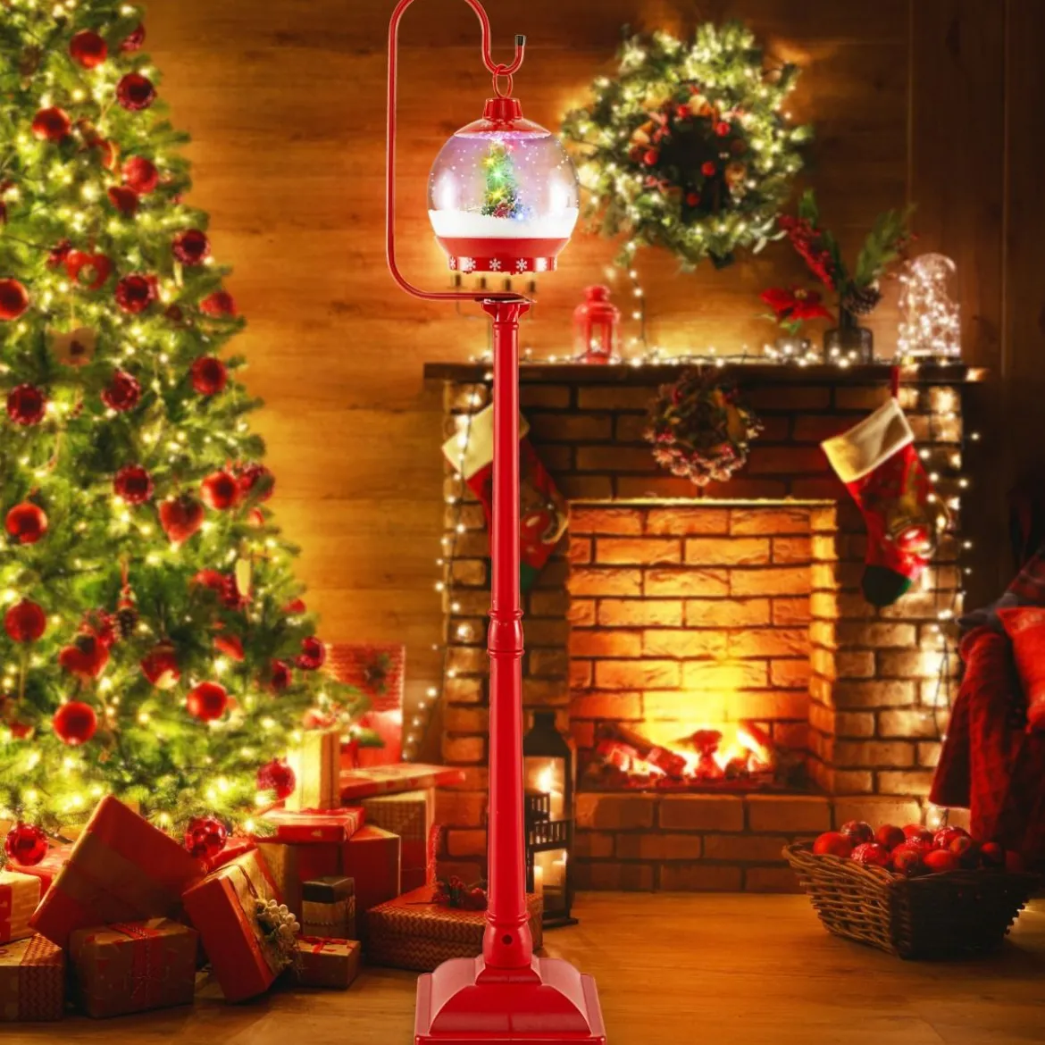 Beleuchtete Weihnachtsstraßenlampe 173cm rote Weihnachtslaterne mit Musik Rot