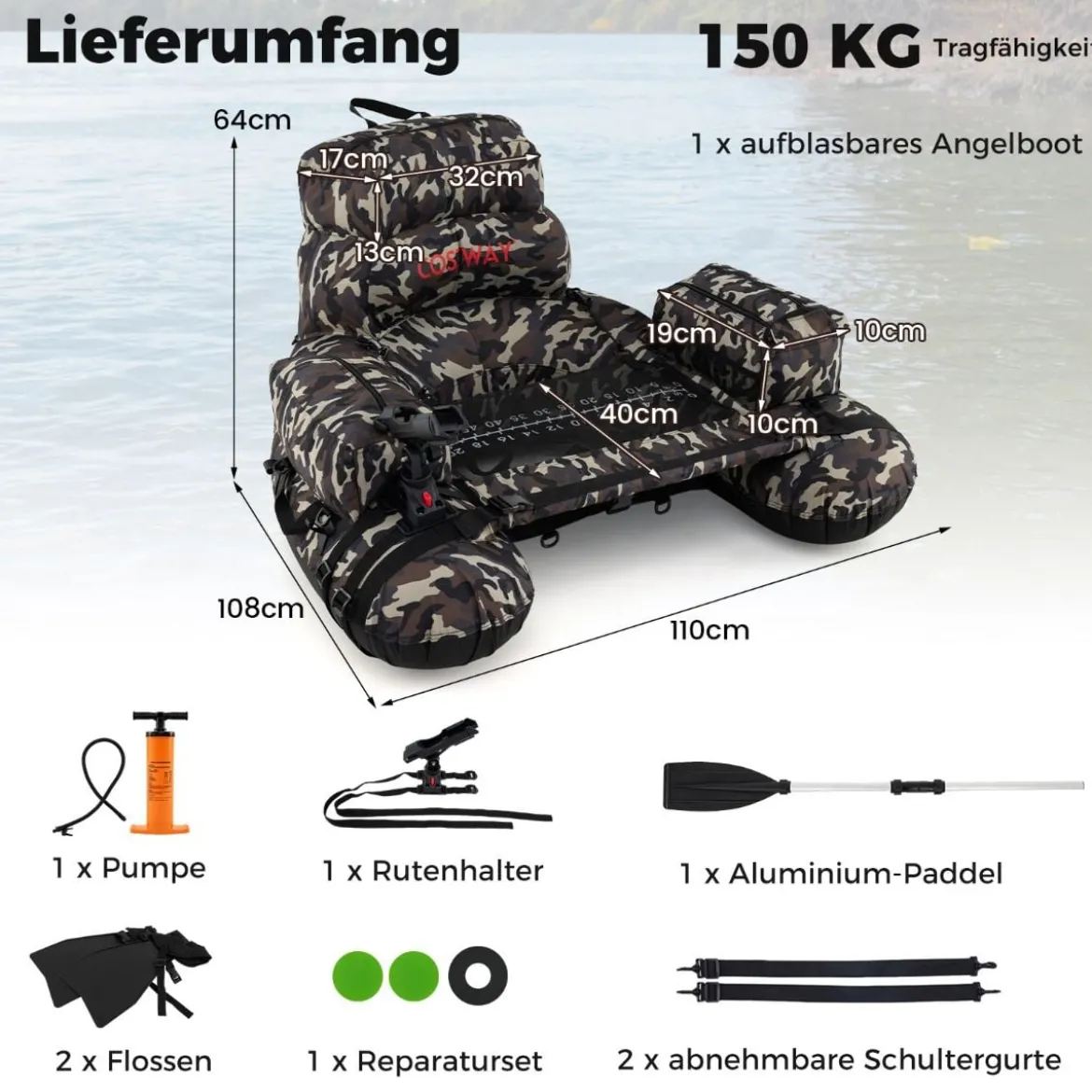 Belly Boat mit Schultergurten & Handpumpe & Paddel & Rutenhalter Belly Boot Angelboot Grün