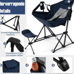Bequemer Campingstuhl Klappbarer Schaukelstuhl mit Einziehbarer Fußstütze Marine