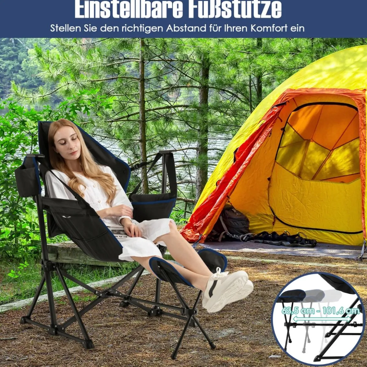 Bequemer Campingstuhl Klappbarer Schaukelstuhl mit Einziehbarer Fußstütze Schwarz