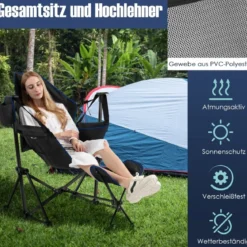 Bequemer Campingstuhl Klappbarer Schaukelstuhl mit Einziehbarer Fußstütze Schwarz