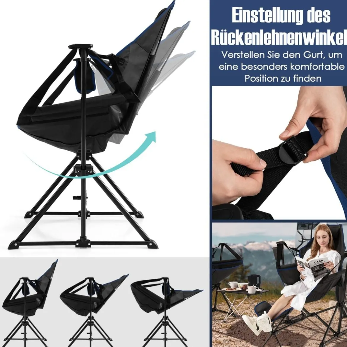 Bequemer Campingstuhl Klappbarer Schaukelstuhl mit Einziehbarer Fußstütze Schwarz