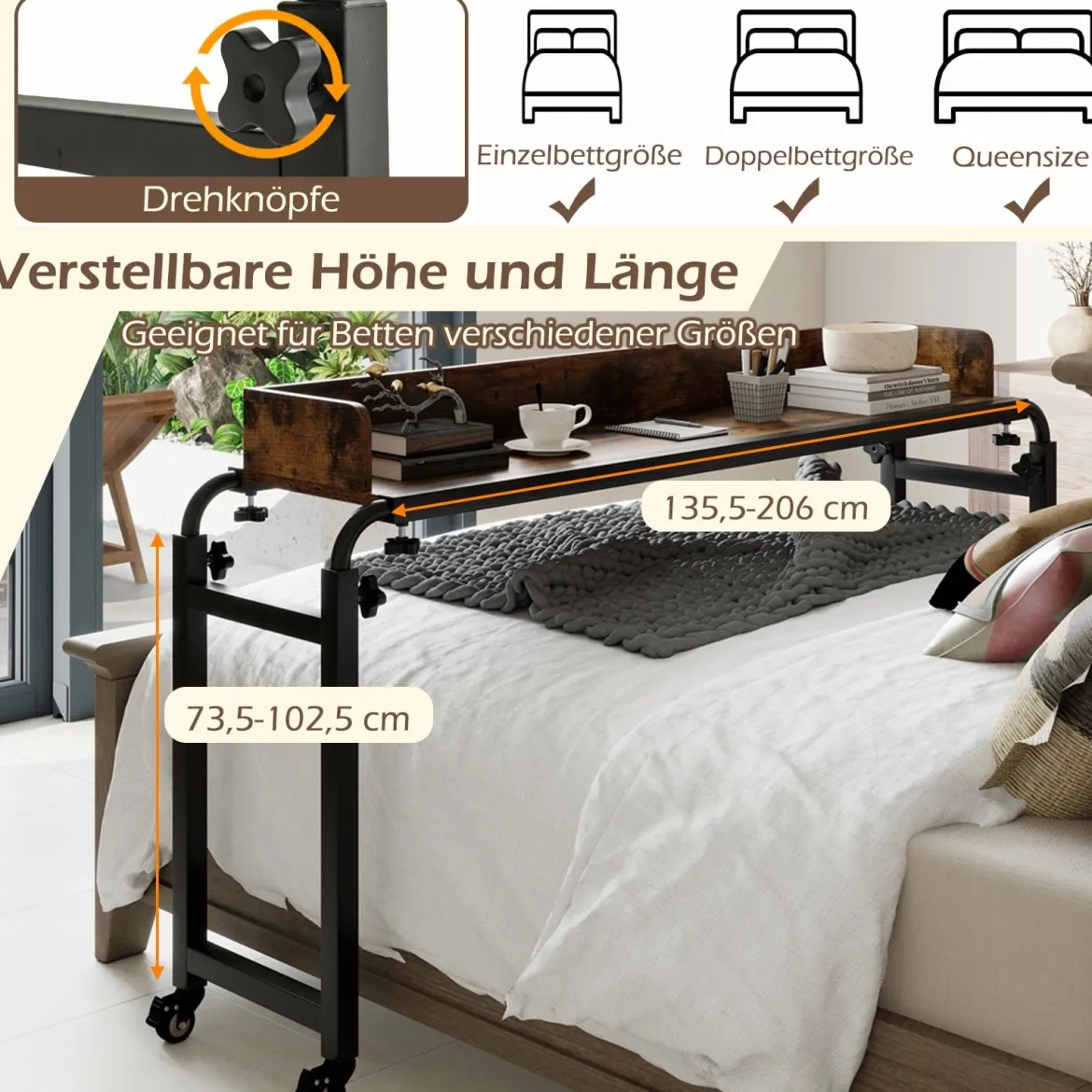 Überbetttisch mit Rollen & Verstellbarer Höhe & Länge Betttisch Pflegetisch Schreibtisch Rustikal Braun