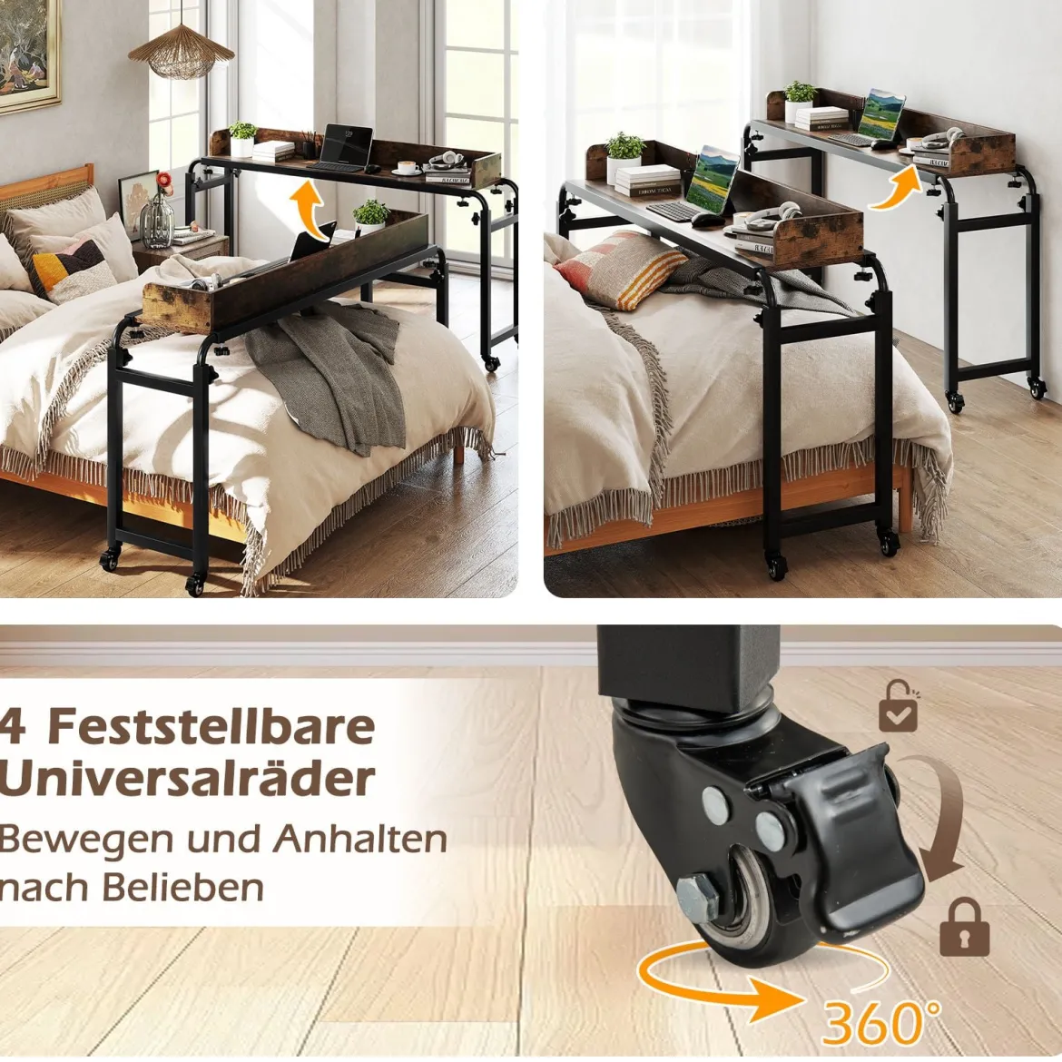 Überbetttisch mit Rollen & Verstellbarer Höhe & Länge Betttisch Pflegetisch Schreibtisch Rustikal Braun