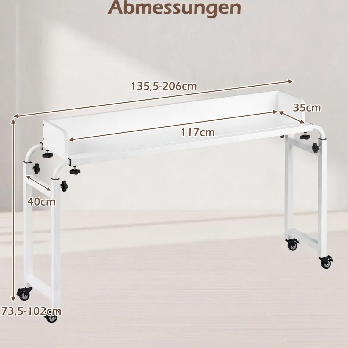 Überbetttisch mit Rollen & Verstellbarer Höhe & Länge Betttisch Pflegetisch Schreibtisch Weiß