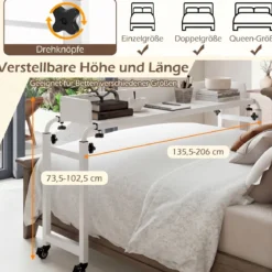 Überbetttisch mit Rollen & Verstellbarer Höhe & Länge Betttisch Pflegetisch Schreibtisch Weiß