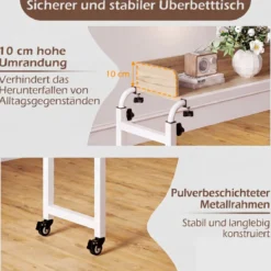 Überbetttisch mit Rollen & Verstellbarer Höhe & Länge Betttisch Pflegetisch Schreibtisch Natur