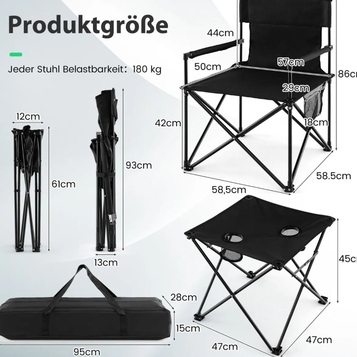 Übergroße Campingstühle mit Tisch & 2 Getränkehaltern & Aufbewahrungstasche Klappstühle
