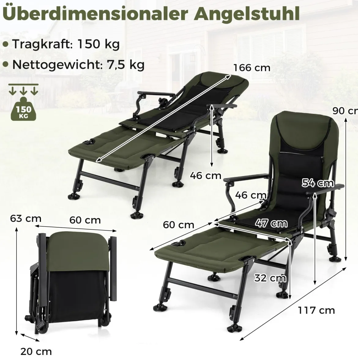 Übergroßer Angelstuhl klappbar Schwerlast Campingstuhl mit abnehmbarem Fußstütze & verstellbaren Füßen Grün