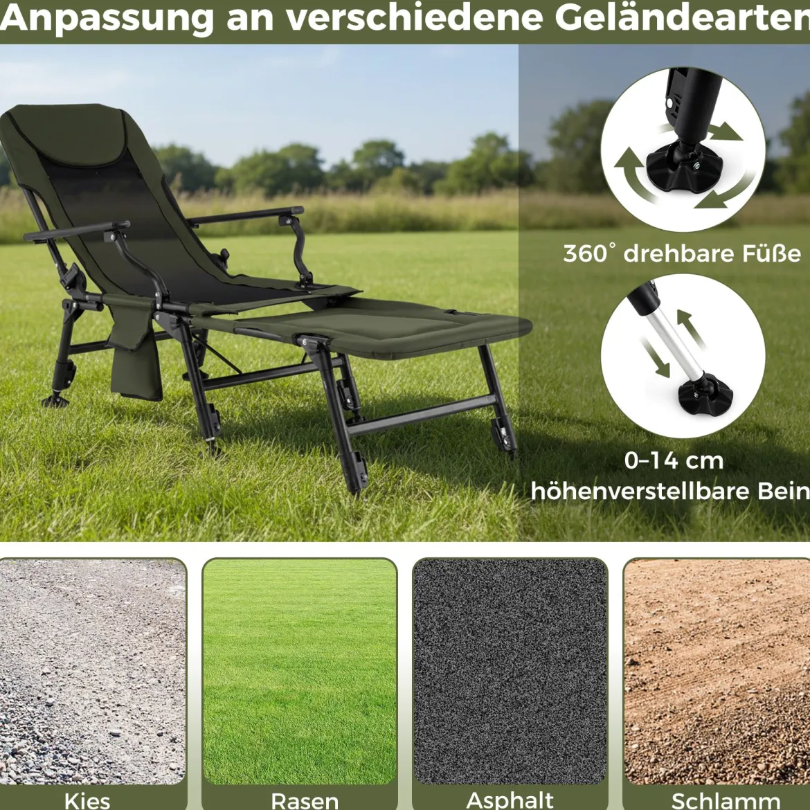 Übergroßer Angelstuhl klappbar Schwerlast Campingstuhl mit abnehmbarem Fußstütze & verstellbaren Füßen Grün