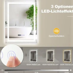 Beschlagfreier LED-Badezimmerspiegel mit 3 Lichtfarben & Memory-Funktion Beleuchteter Wandspiegel