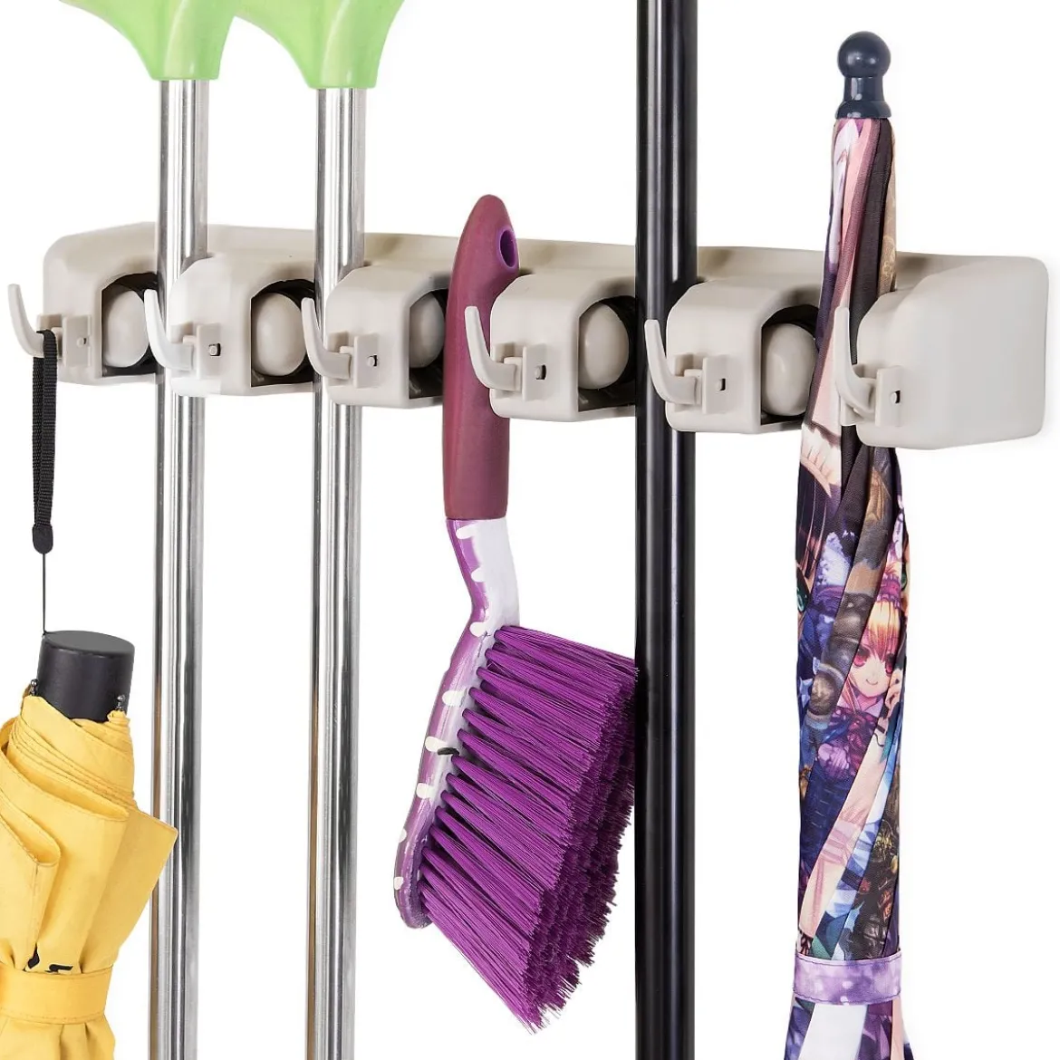 Besenhalterung mit 6 faltbaren Haken & 5 Schnellspannern Mop Halter Besenhalter Gerätehalter