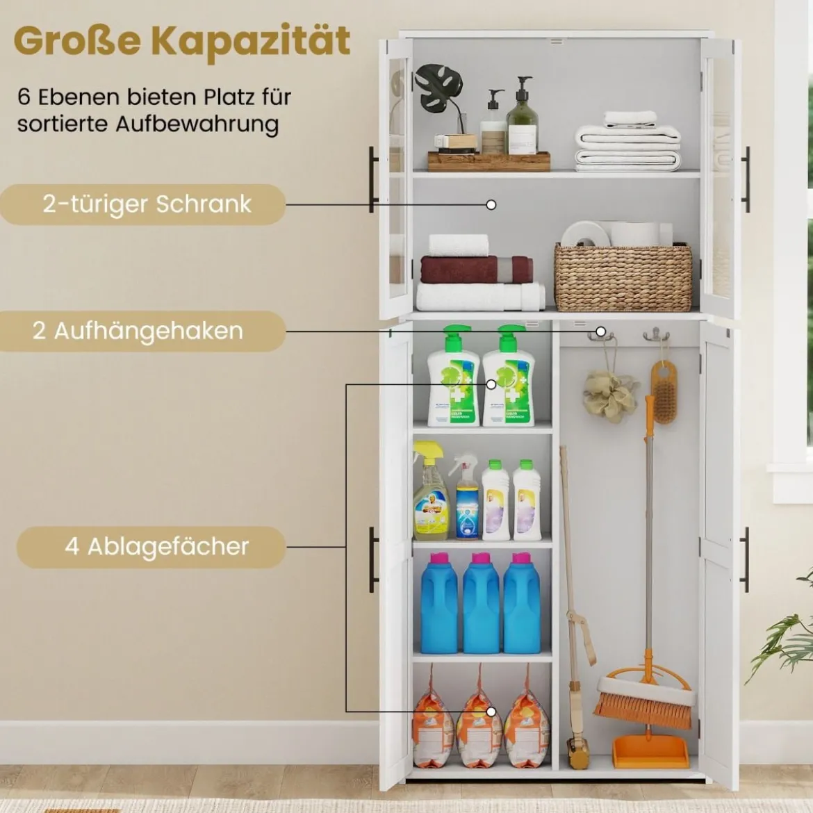 Besenschrank mit 2 Haken & Glastüren Holz Hochschrank Mehrzweckschrank Haushaltsschrank