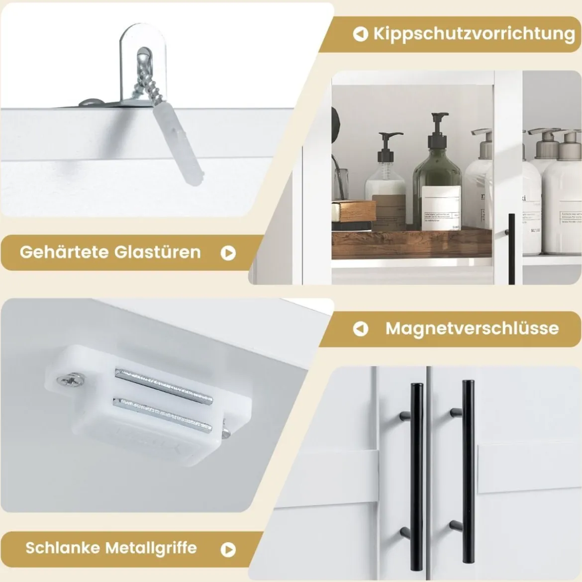 Besenschrank mit 2 Haken & Glastüren Holz Hochschrank Mehrzweckschrank Haushaltsschrank
