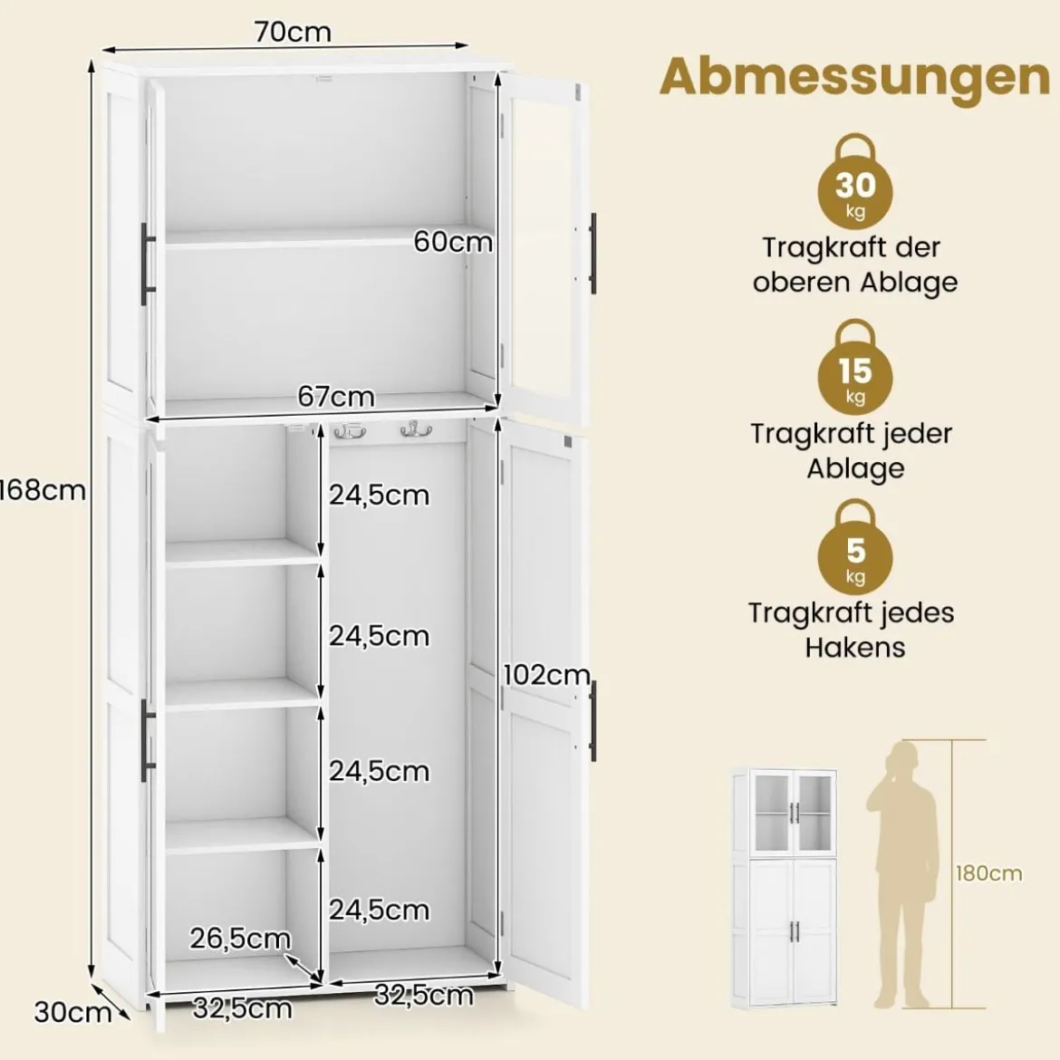 Besenschrank mit 2 Haken & Glastüren Holz Hochschrank Mehrzweckschrank Haushaltsschrank
