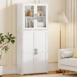 Besenschrank mit 2 Haken & Glastüren Holz Hochschrank Mehrzweckschrank Haushaltsschrank