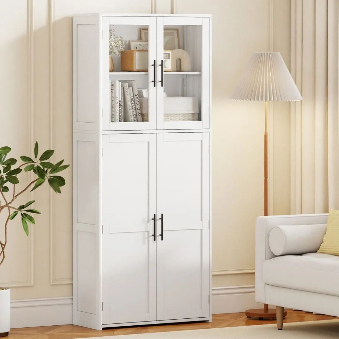 Besenschrank mit 2 Haken & Glastüren Holz Hochschrank Mehrzweckschrank Haushaltsschrank