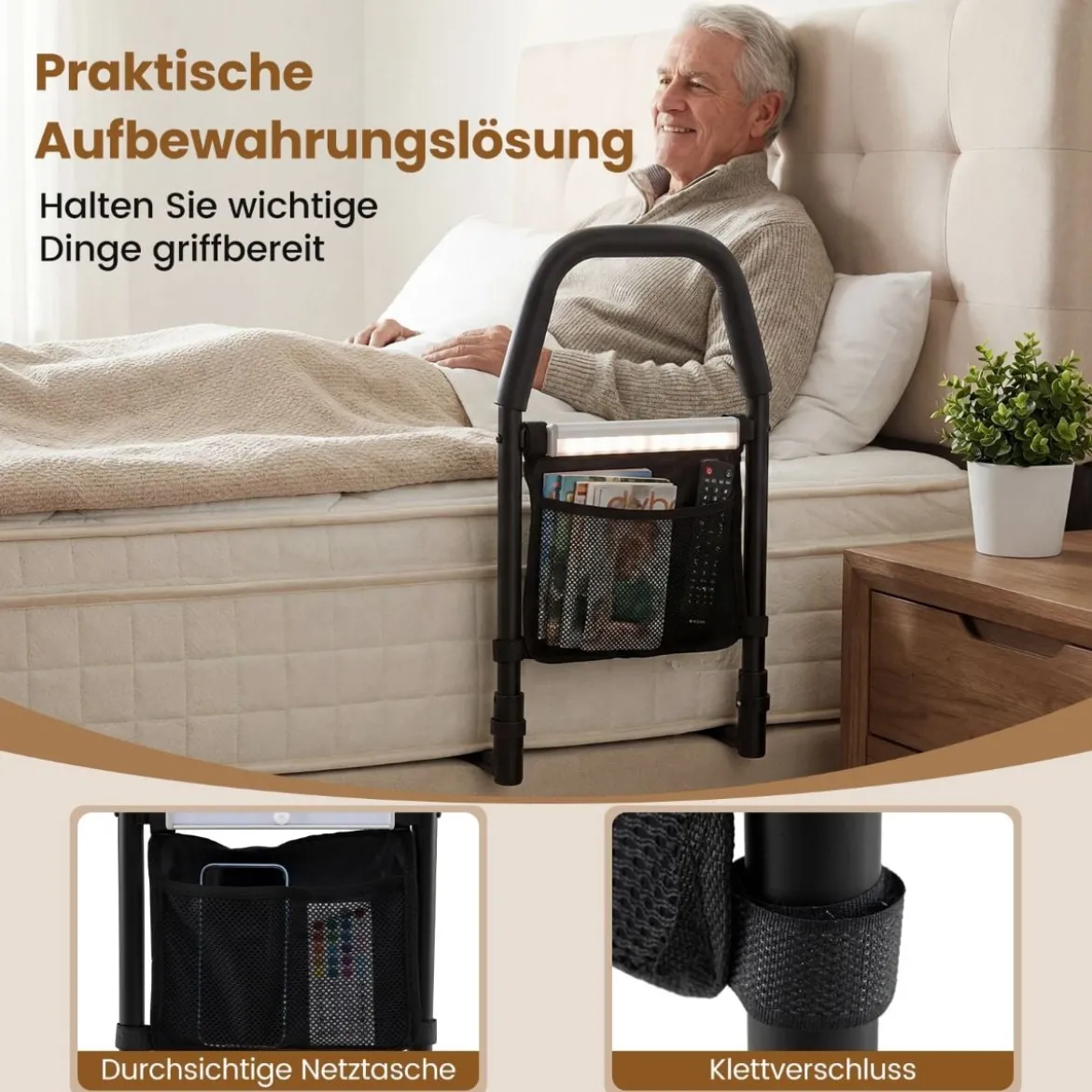 Bett Aufstehhilfe mit LED-Sensorlicht & Tasche & Rutschfestem Handgriff Bettgitter Schutzgeländer