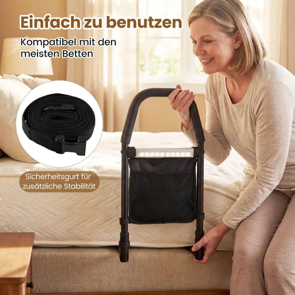Bett Aufstehhilfe mit LED-Sensorlicht & Tasche & Rutschfestem Handgriff Bettgitter Schutzgeländer