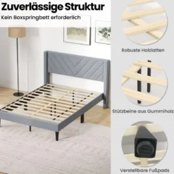 Bettgestell für 200 x 140 cm Matratze Gepolstertes Doppelbettgestell Plattformbett mit Kopfteil Grau