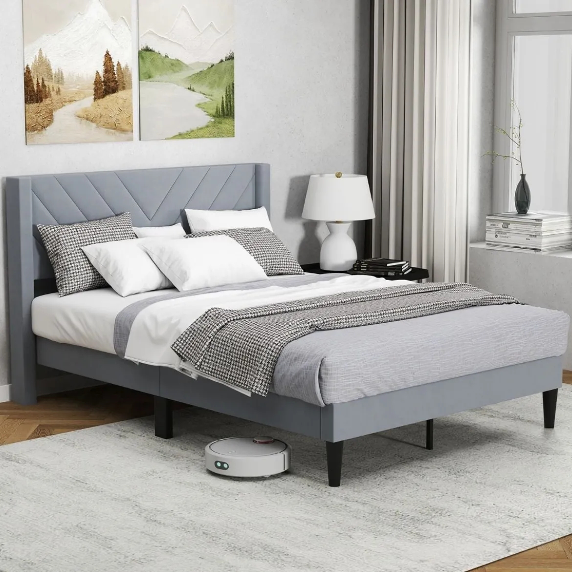Bettgestell für 200 x 140 cm Matratze Gepolstertes Doppelbettgestell Plattformbett mit Kopfteil Grau