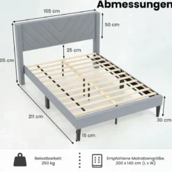 Bettgestell für 200 x 140 cm Matratze Gepolstertes Doppelbettgestell Plattformbett mit Kopfteil Grau