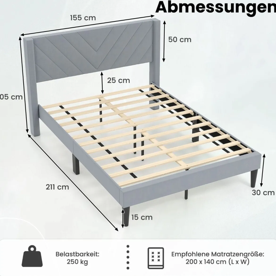 Bettgestell für 200 x 140 cm Matratze Gepolstertes Doppelbettgestell Plattformbett mit Kopfteil Grau