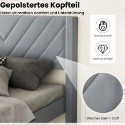 Bettgestell für 200 x 140 cm Matratze Gepolstertes Doppelbettgestell Plattformbett mit Kopfteil Grau