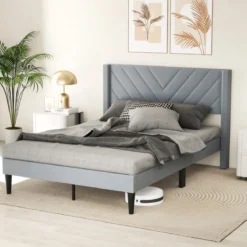 Bettgestell für 200 x 140 cm Matratze Gepolstertes Doppelbettgestell Plattformbett mit Kopfteil Grau