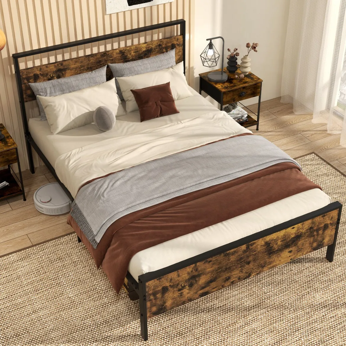 Bettgestell für 200 x 140 cm Matratze Industrielles Metallbett mit Hölzernem Kopf- & Fußteil