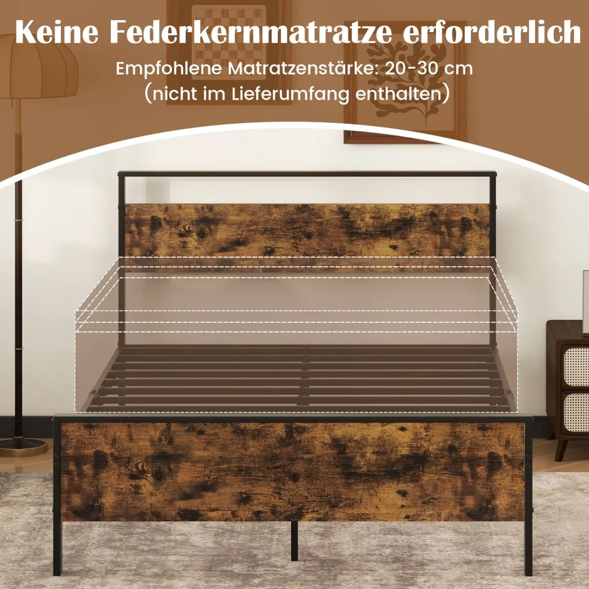 Bettgestell für 200 x 140 cm Matratze Industrielles Metallbett mit Hölzernem Kopf- & Fußteil