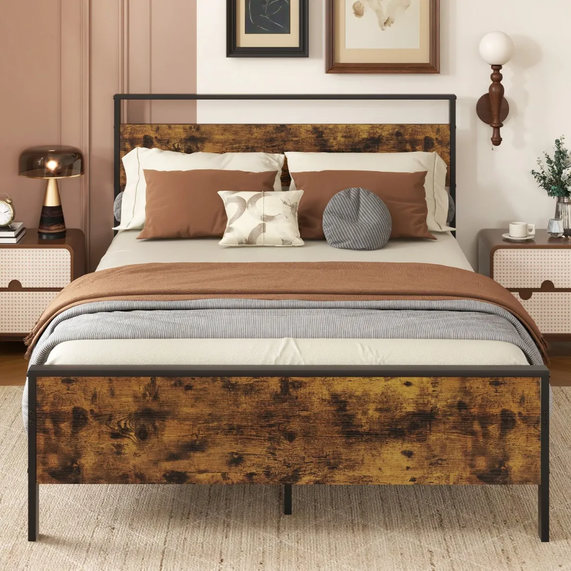 Bettgestell für 200 x 140 cm Matratze Industrielles Metallbett mit Hölzernem Kopf- & Fußteil