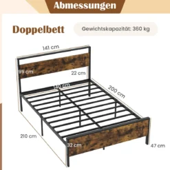 Bettgestell für 200 x 140 cm Matratze Industrielles Metallbett mit Hölzernem Kopf- & Fußteil