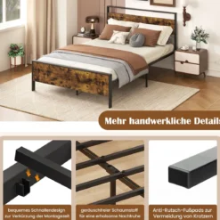Bettgestell für 200 x 140 cm Matratze Industrielles Metallbett mit Hölzernem Kopf- & Fußteil