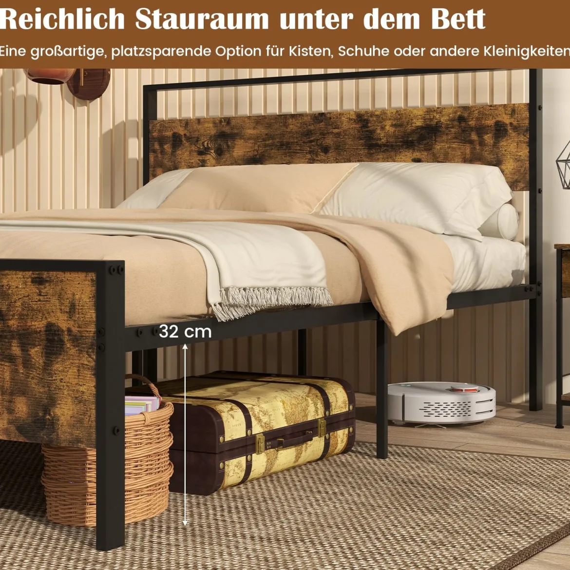 Bettgestell für 200 x 140 cm Matratze Industrielles Metallbett mit Hölzernem Kopf- & Fußteil