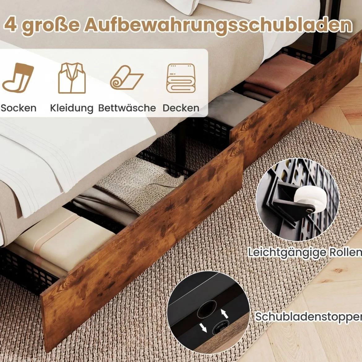 Bettgestell mit LED-Beleuchtung & Ladestation Rustikal Braun 200 x 160 cm/200 x 140 cm