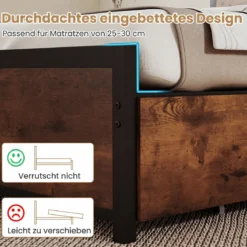 Bettgestell mit LED-Beleuchtung & Ladestation Rustikal Braun 200 x 160 cm/200 x 140 cm