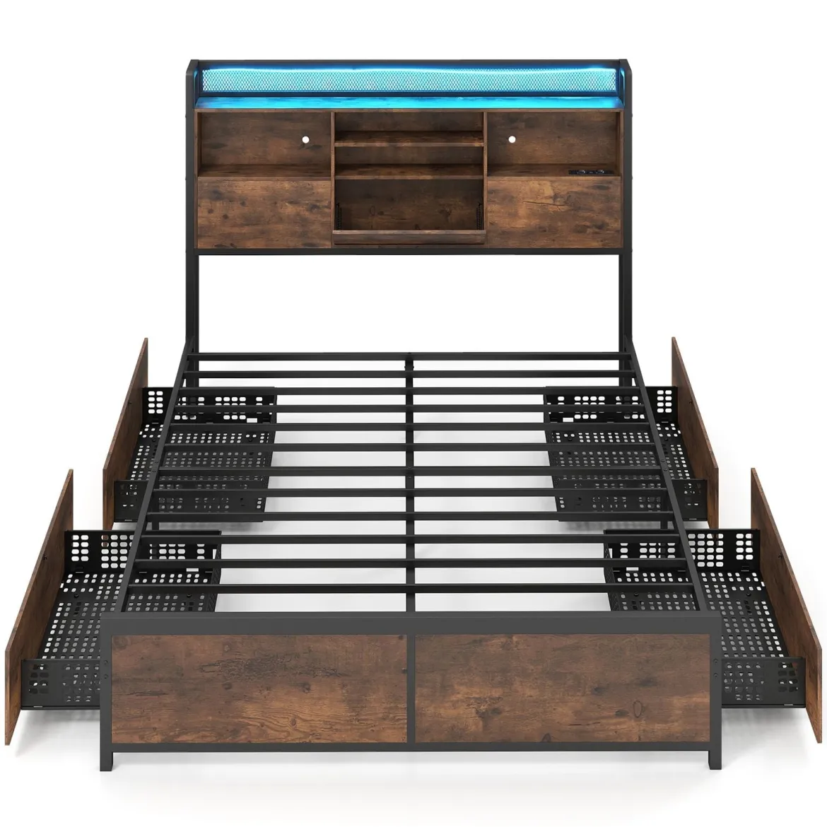 Bettgestell mit LED-Beleuchtung & Ladestation Rustikal Braun 200 x 160 cm/200 x 140 cm