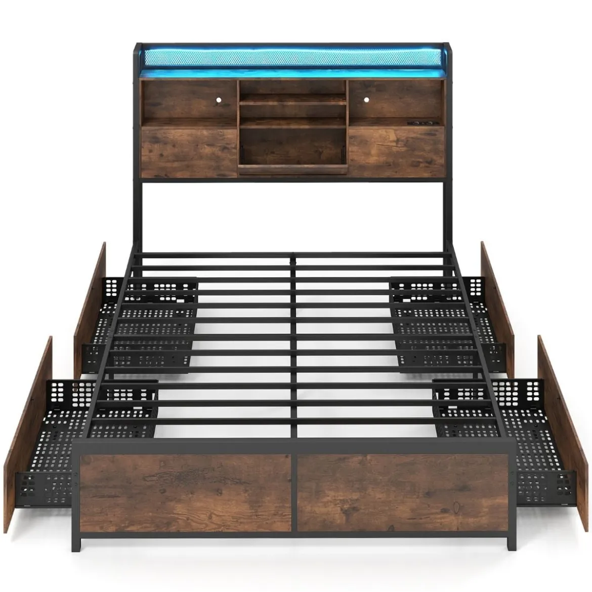 Bettgestell mit LED-Beleuchtung & Ladestation Rustikal Braun 200 x 160 cm/200 x 140 cm