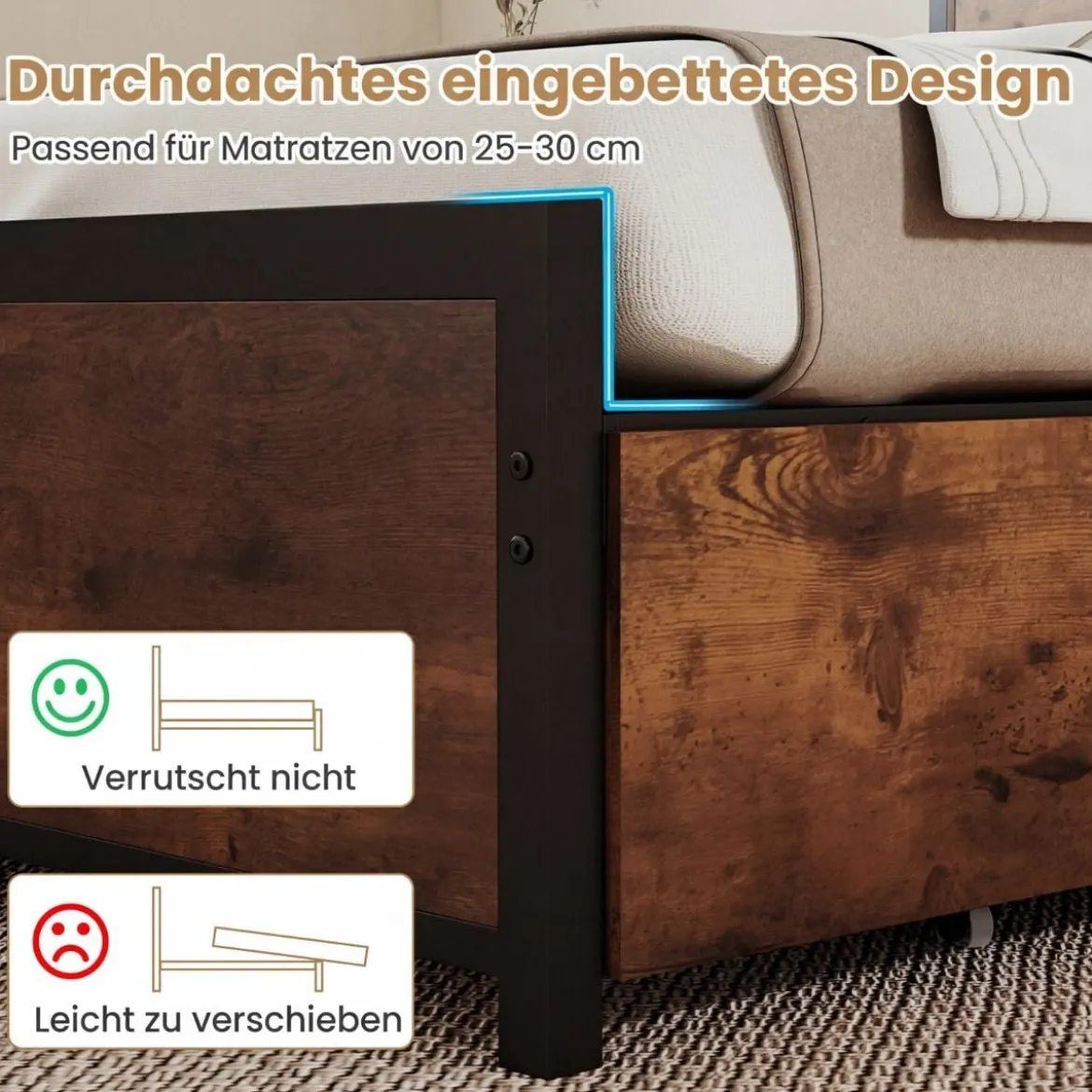 Bettgestell mit LED-Beleuchtung & Ladestation Rustikal Braun 200 x 160 cm/200 x 140 cm