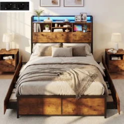 Bettgestell mit LED-Beleuchtung & Ladestation Rustikal Braun 200 x 160 cm/200 x 140 cm
