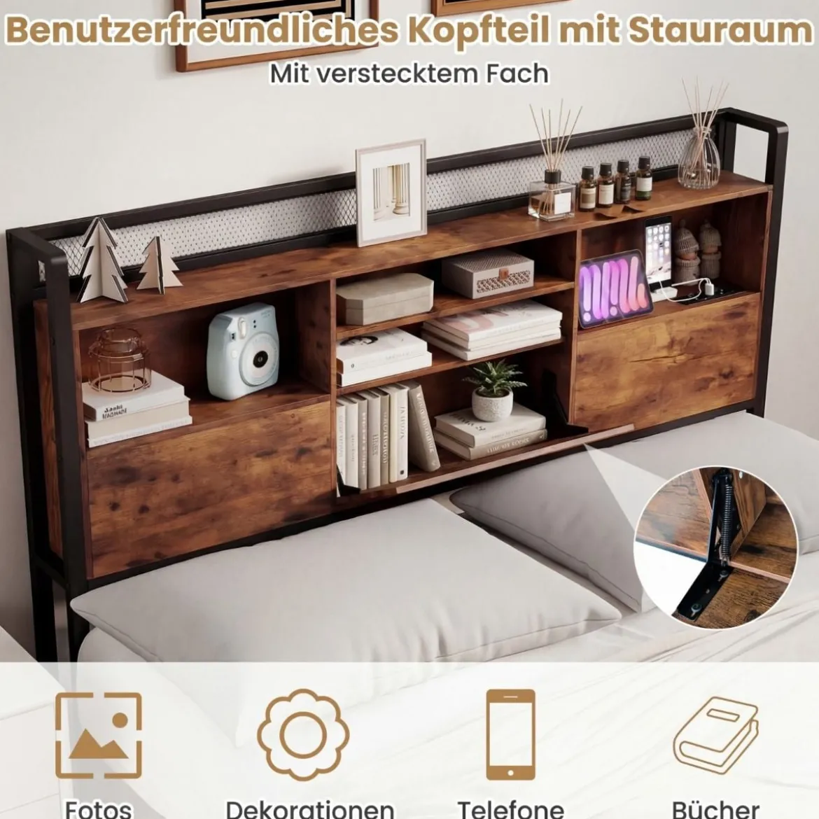 Bettgestell mit LED-Beleuchtung & Ladestation Rustikal Braun 200 x 160 cm/200 x 140 cm